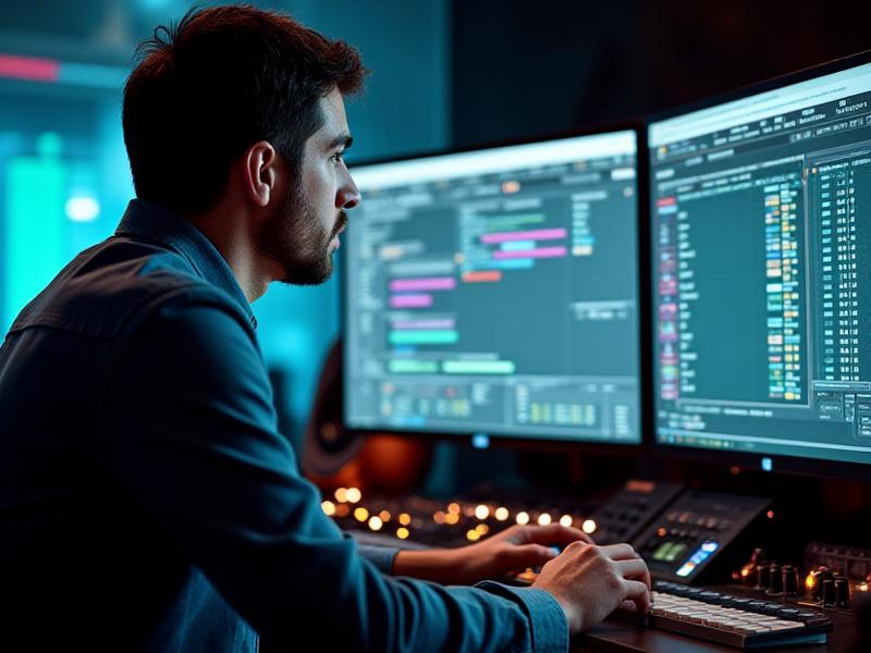 Diseñador de sonido trabajando con software de audio para un cortometraje