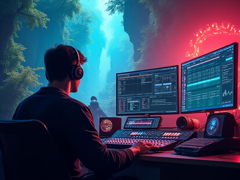 Pantalla de un videojuego con un ingeniero de audio trabajando en el fondo, simbolizando el diseño sonoro