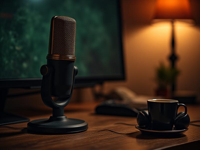 Detalle de un micrófono podcast y auriculares de estudio en un ambiente acogedor