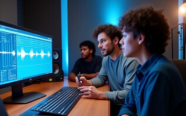 Miembros del equipo de Canela Wave trabajando juntos en una sesión de estudio.