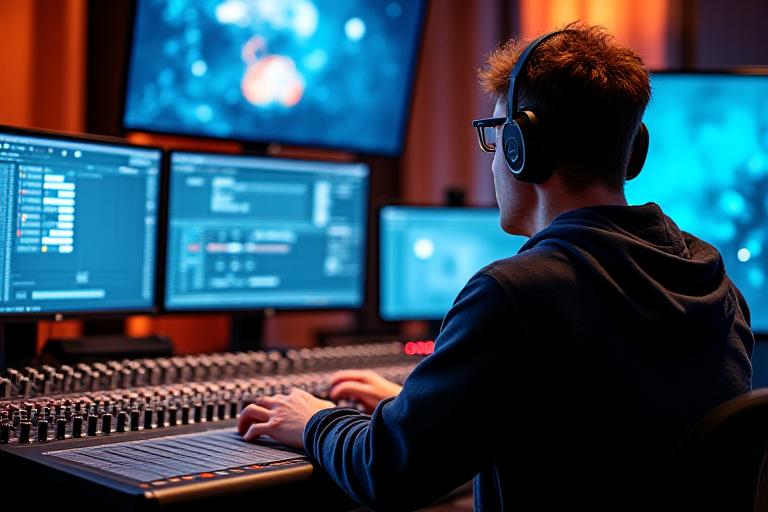 Ingeniero de sonido trabajando en una consola de audio con múltiples pantallas