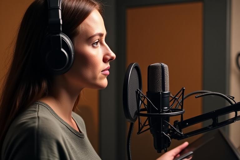 Locutor grabando en una cabina insonorizada con micrófono de condensador